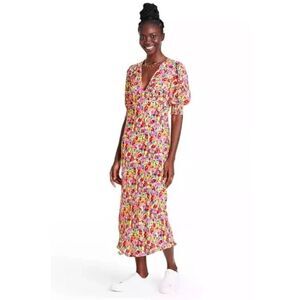 Rixo for Target Abstract Floral Puffed Sleeve V-Neck Flounce Hem Multicolor Brig